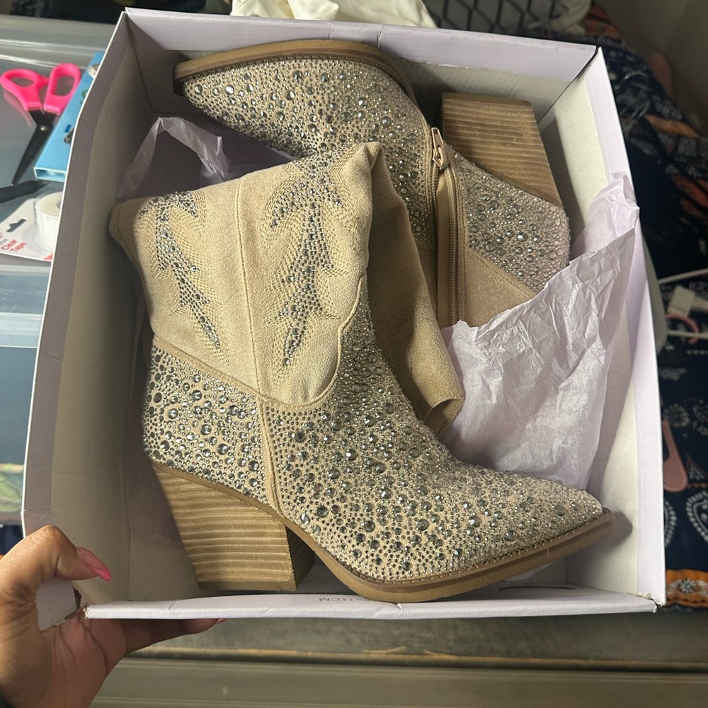 Madden Girl Sparkling Tan Heeled Boots